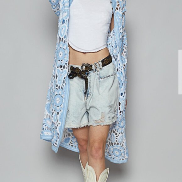 POL WOmen Blue Crochet Floral Duster Long Boho NEW - Picture 4 of 4